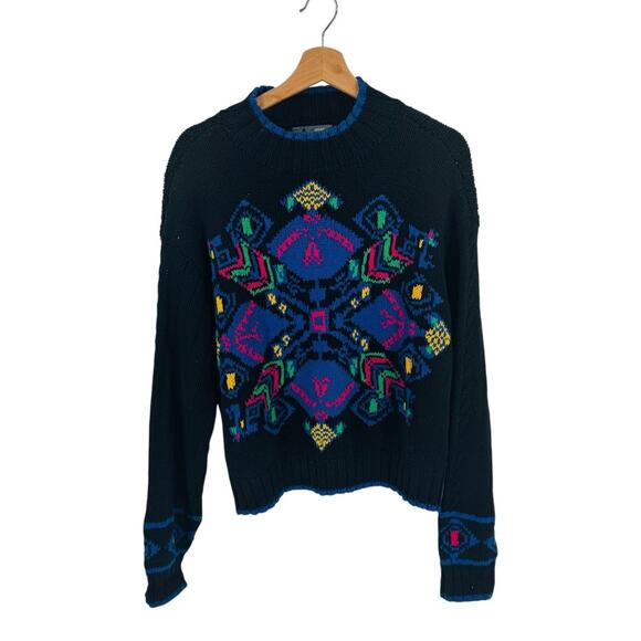 Vintage Liz Wear Knit Crewneck Bright Geo Pattern Black Sweater Size S Small - Picture 1 of 6
